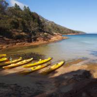 Kayaks resting on a remote Tasmanian beach | Amy Russell