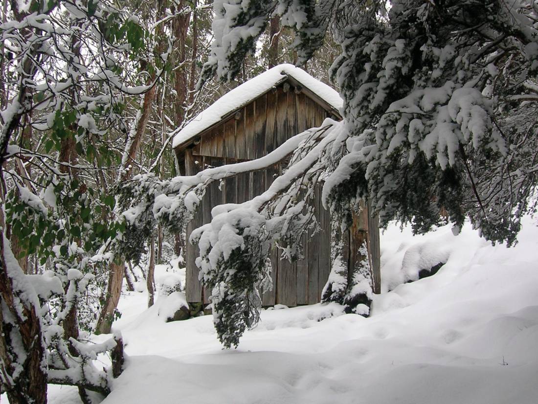 Trappers Hut covered in snow, Overland Track Tasmania |  <i>Nick Scharm</i>