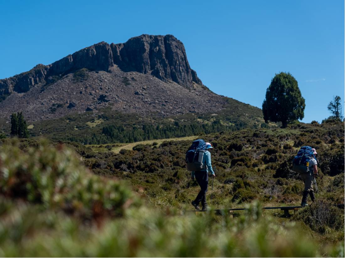 Two trekkers with poles walk past beautiful dolerite cliffs in Walls of Jerusalem National Park. |  <i>Benny Plunkett</i>