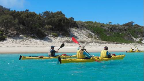 Students kayaking off the East Coast of Tasmania