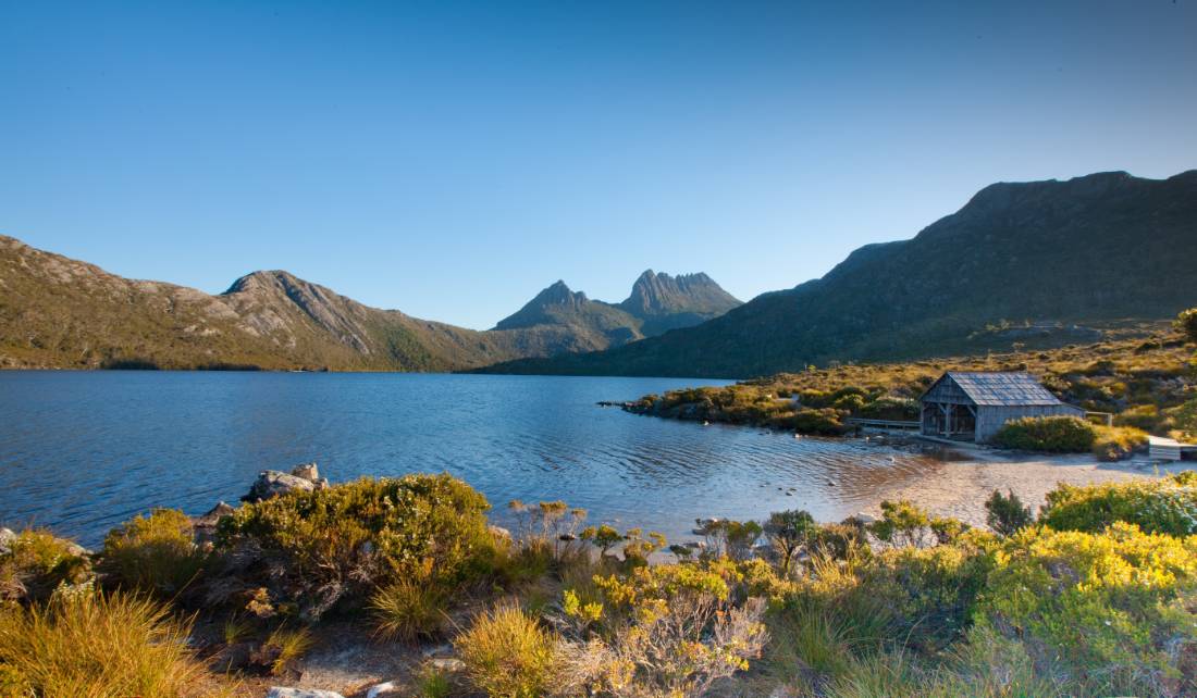 Trek around Dove Lake with Cradle Mountain in the background |  <i>Tourism Tasmania & Andrew McIntosh, Ocean Photography</i>